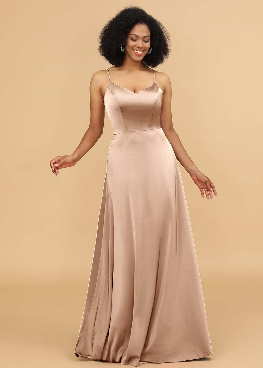 Satin V-neck Spaghetti Strap Bridesmaid Dress