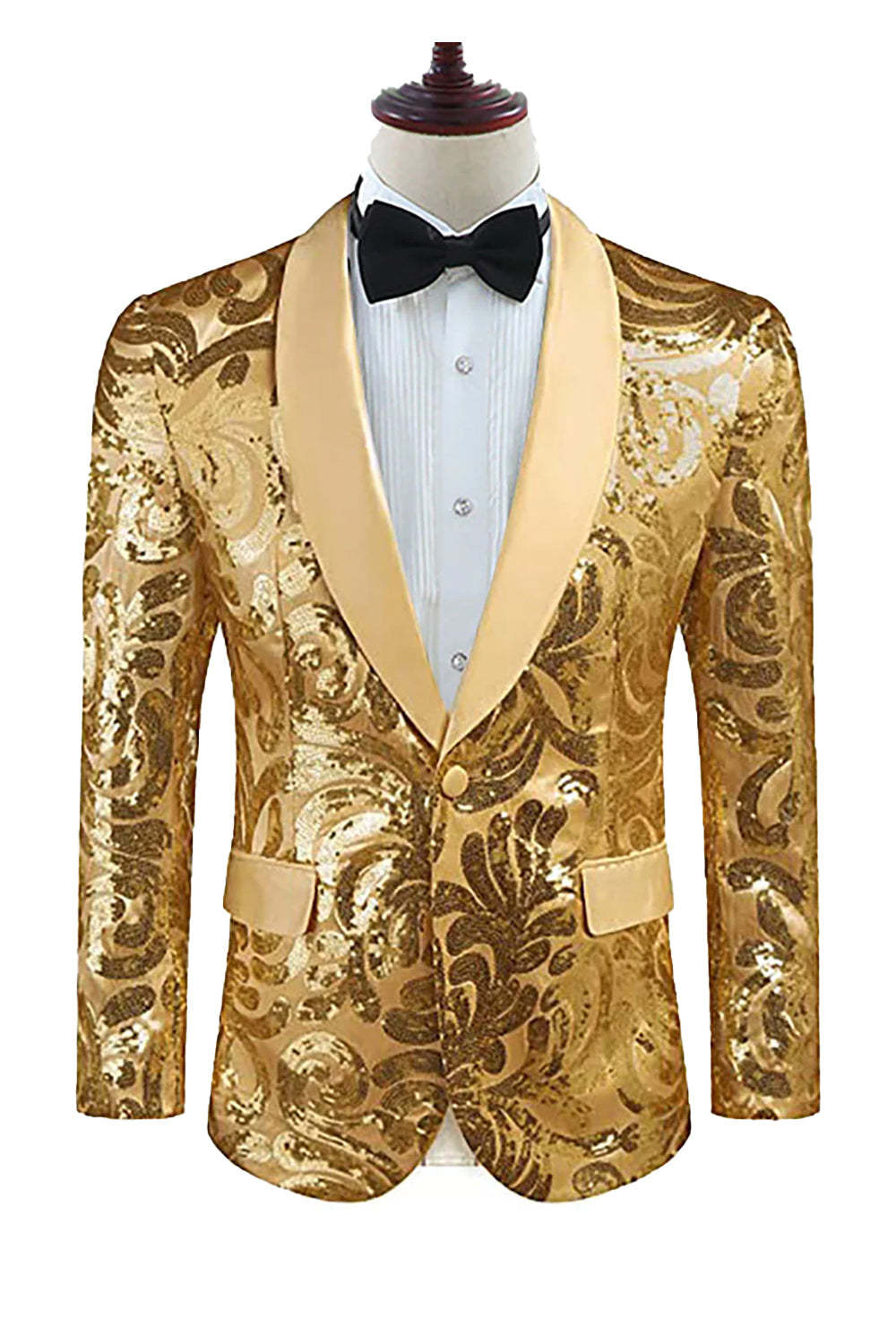 Leely Sparkly Golden Shawl Lapel Men's Blazer One Button Prom Jacket
