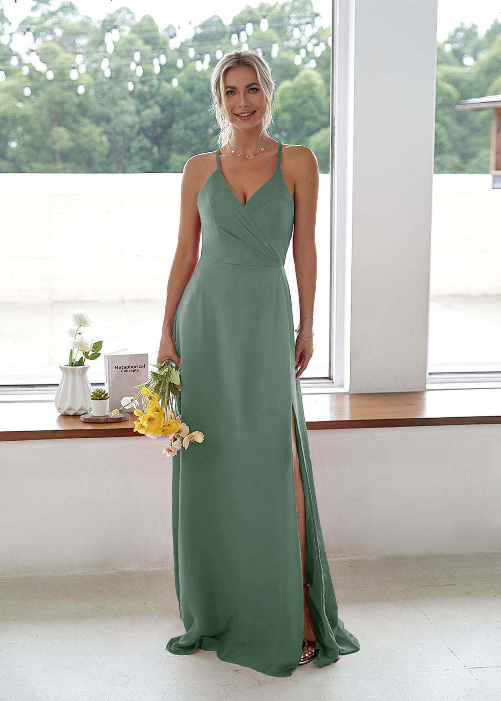V-neck High Slit Bridesmaid Dress