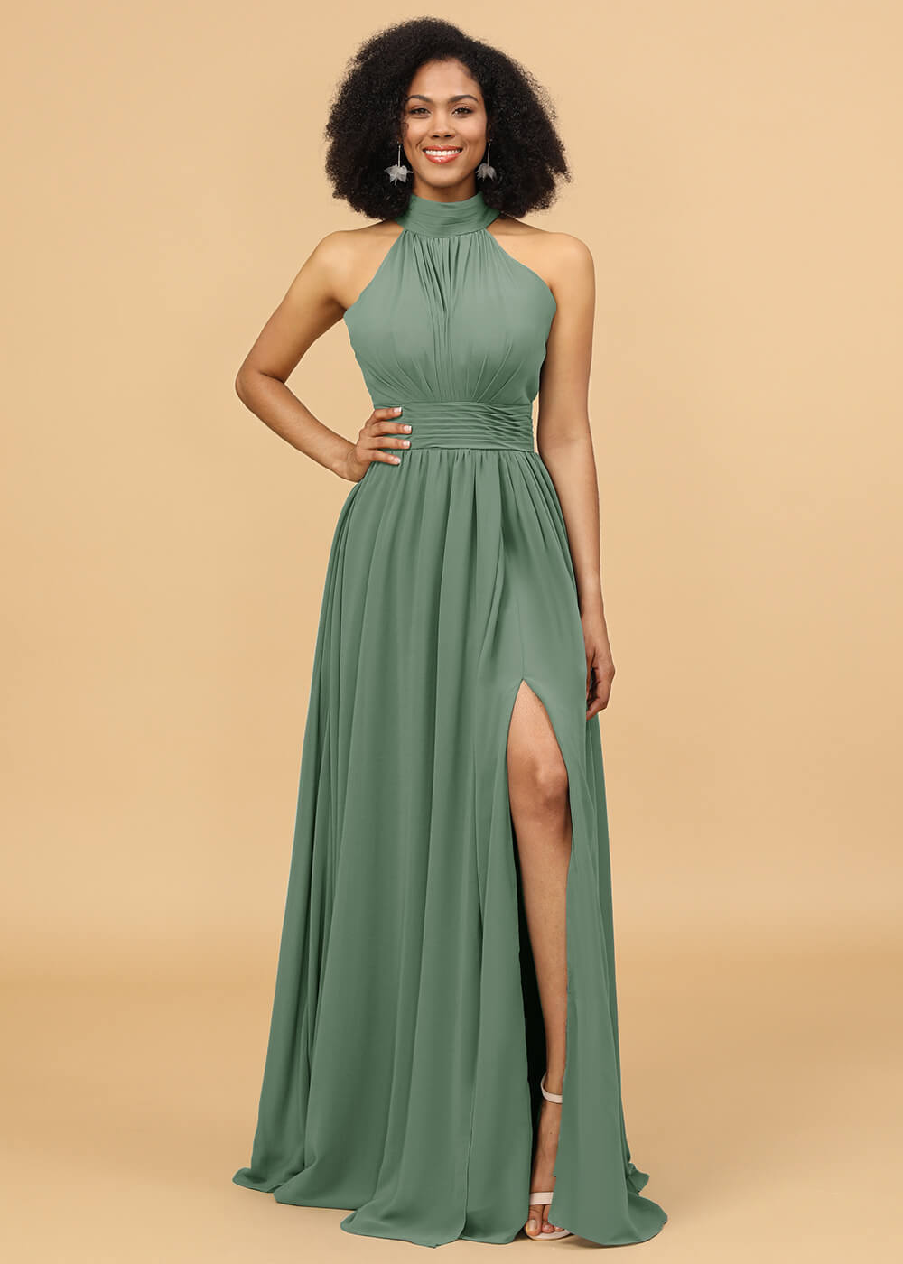 Long Chiffon Halter Bridesmaid Dress