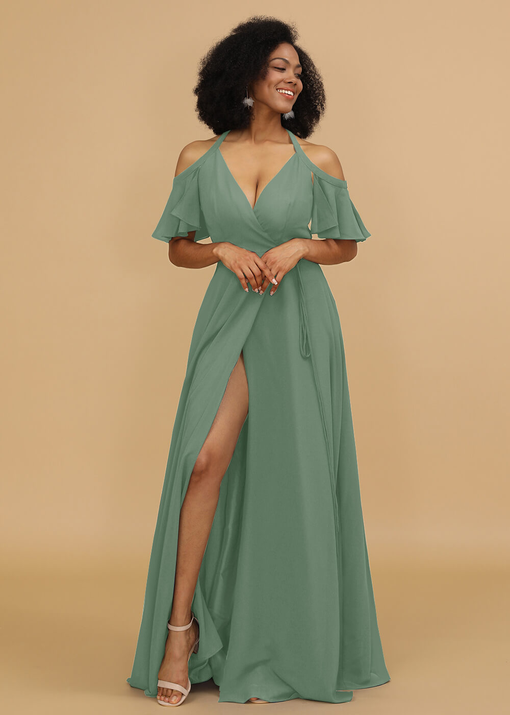 Ruffles Sleeves A-line Wrap Bridesmaid Dress