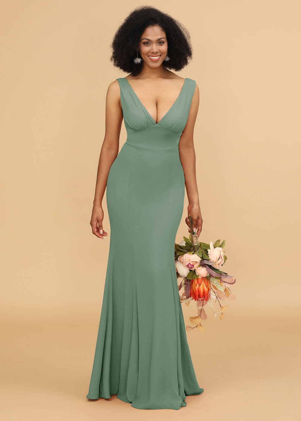 V-neck Trumpet Long Bridesmaid Dress