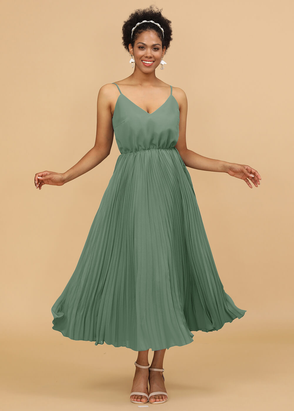 V-neck Spaghetti Strap Tea Length Bridesmaid Dress