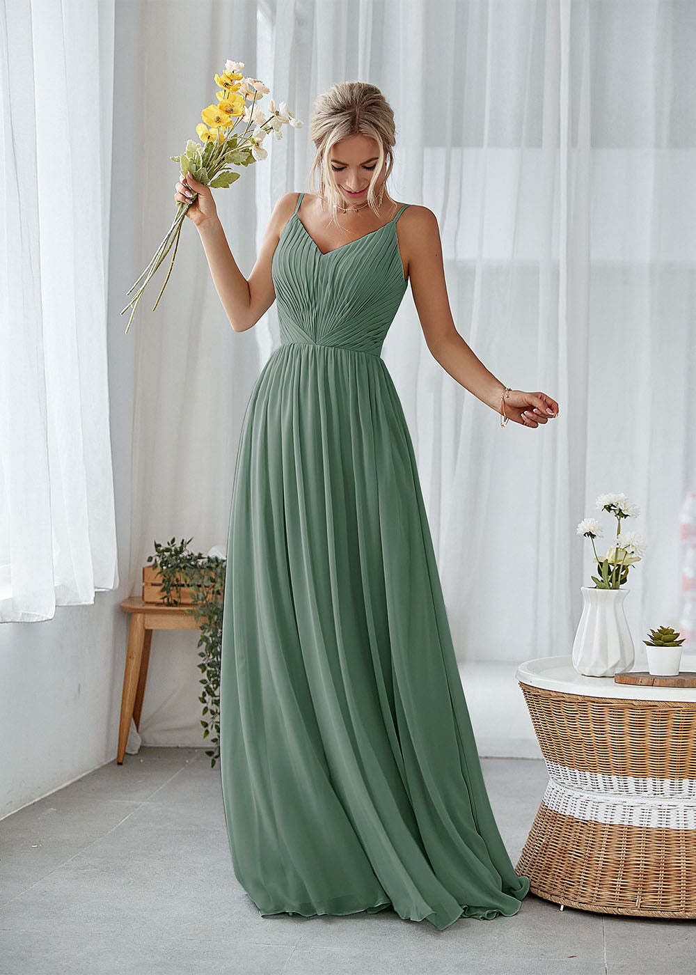 A-line V-neck Pleated Bridesmaid Dress