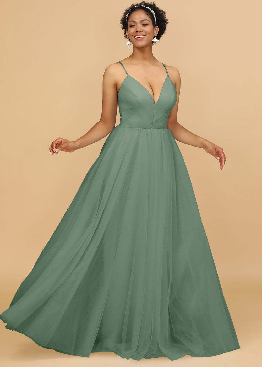 Deep V-neck Strap Tulle Bridesmaid Dress