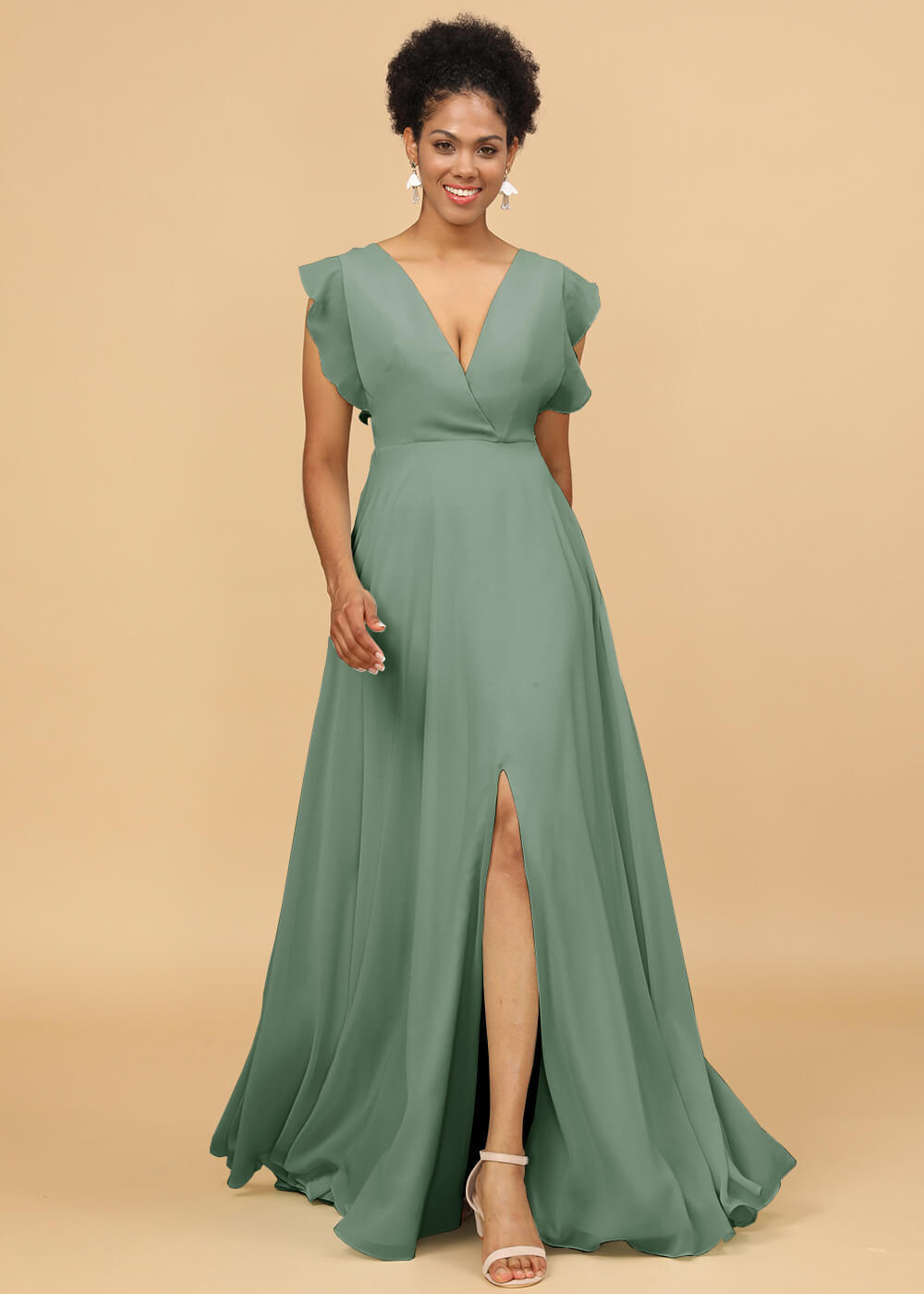 V-neck Ruffles Cap Sleeve Chiffon Bridesmaid Dress