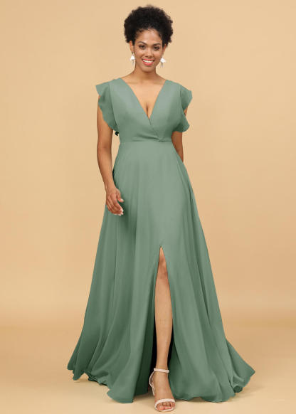 V-neck Ruffles Cap Sleeve Chiffon Bridesmaid Dress