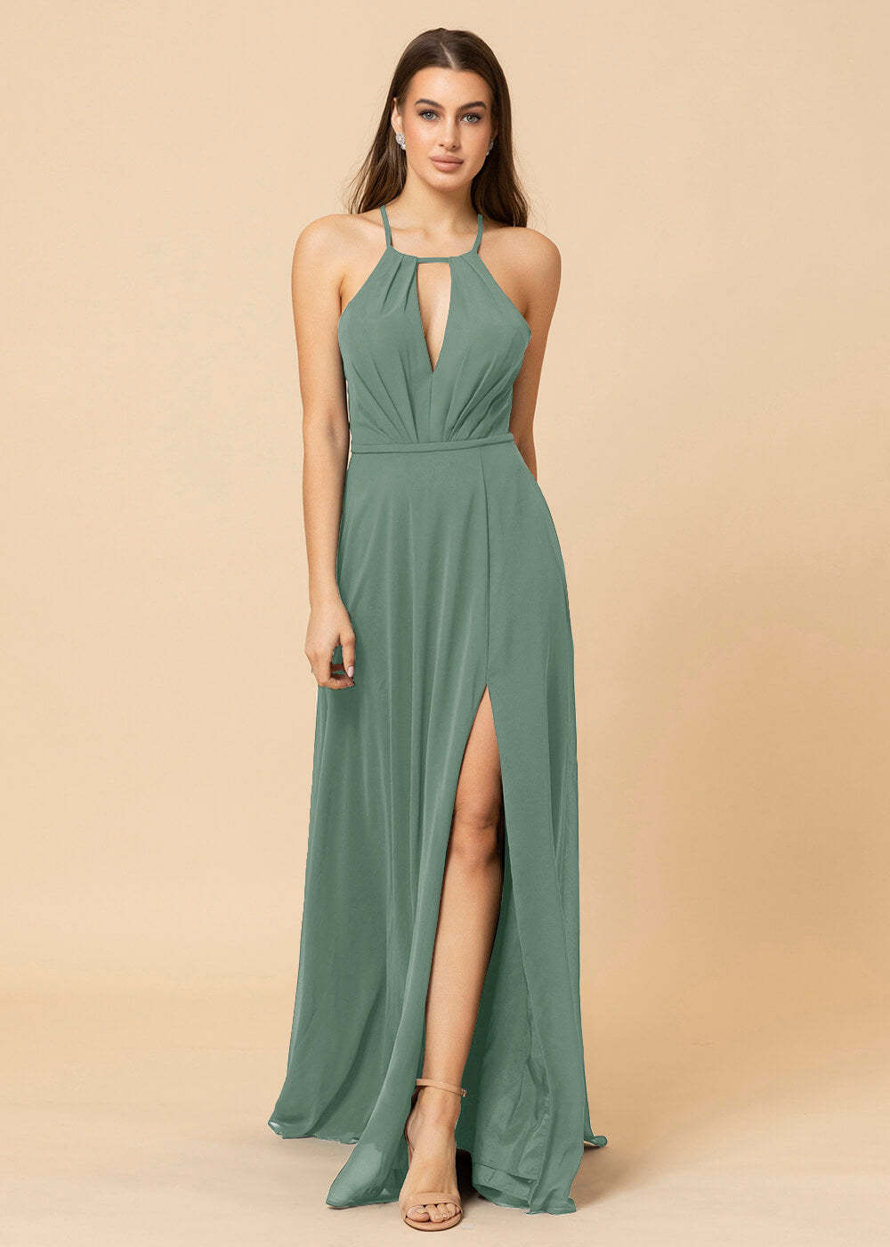 Halter Neck Chiffon Floor Length Bridesmaid Dress