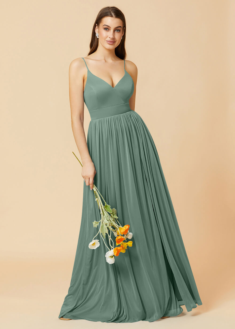 V-neck Spaghetti Strap Open Back Chiffon Bridesmaid Dress