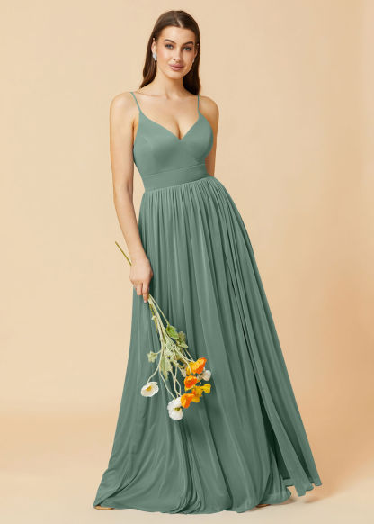 V-neck Spaghetti Strap Open Back Chiffon Bridesmaid Dress