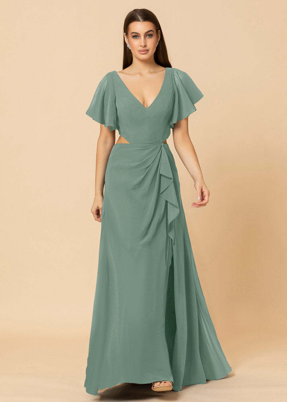 V-neck Waist Cut Out Floor Length Bridesmaid Dress