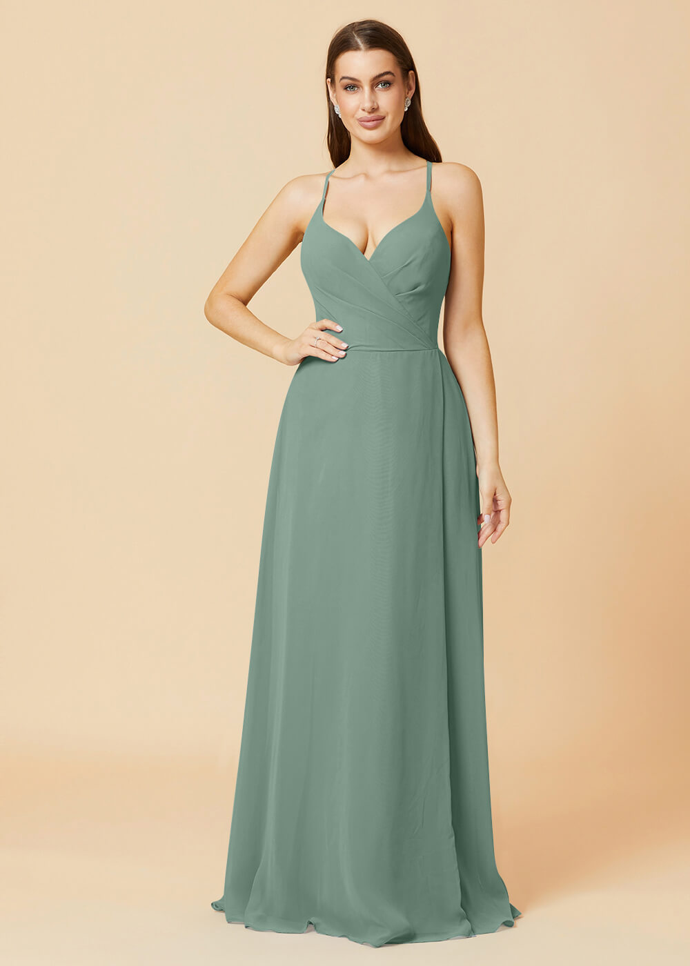 V-neck Spaghetti Strap Button Back Chiffon Bridesmaid Dress