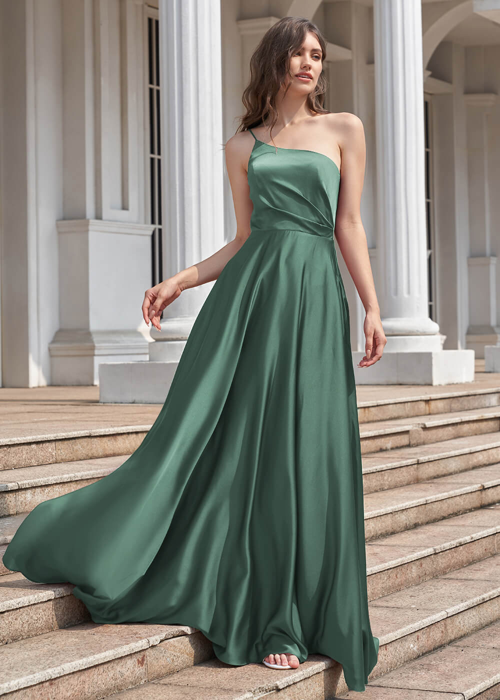 A-line Long One Shoulder Pleated Satin Bridesmaid Dress