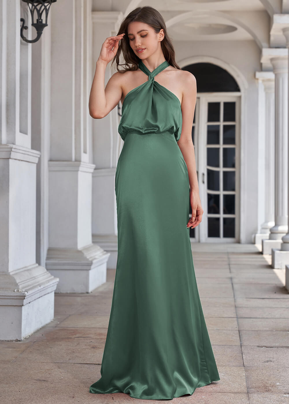 Halter Neck Sheath Satin Floor Length Bridesmaid Dress
