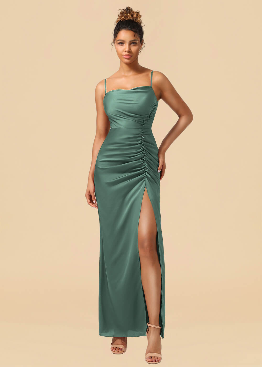 Sheath Satin Pleated Adjustable Spaghatti Strap Maxi Bridesmaid Dress