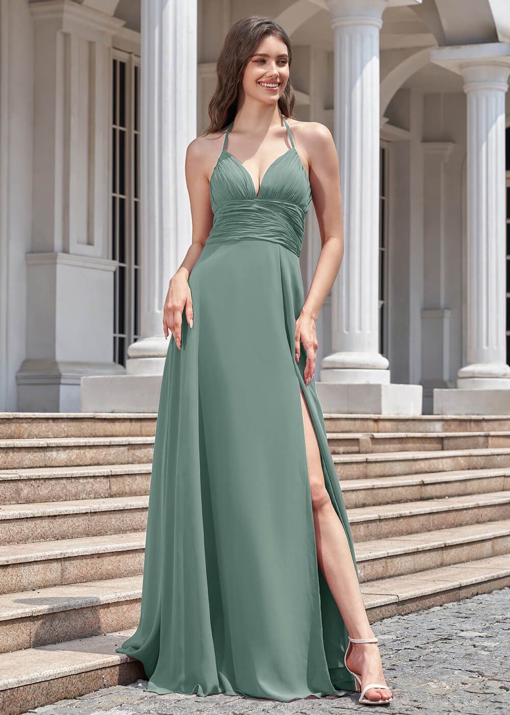 Deep V Halter Neck Pleated A-line Chiffon Long Bridesmaid Dress