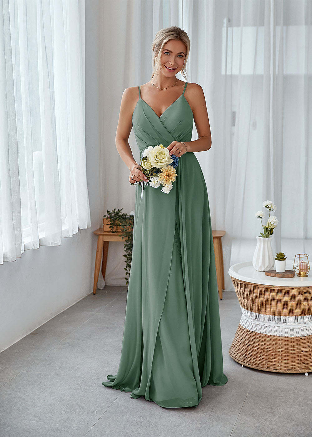 A-line Sleeveless Long Chiffon Bridesmaid Dress