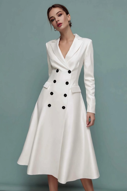 Ivory Midi Notched Lapel A Line Blazer Dress with Sleeves