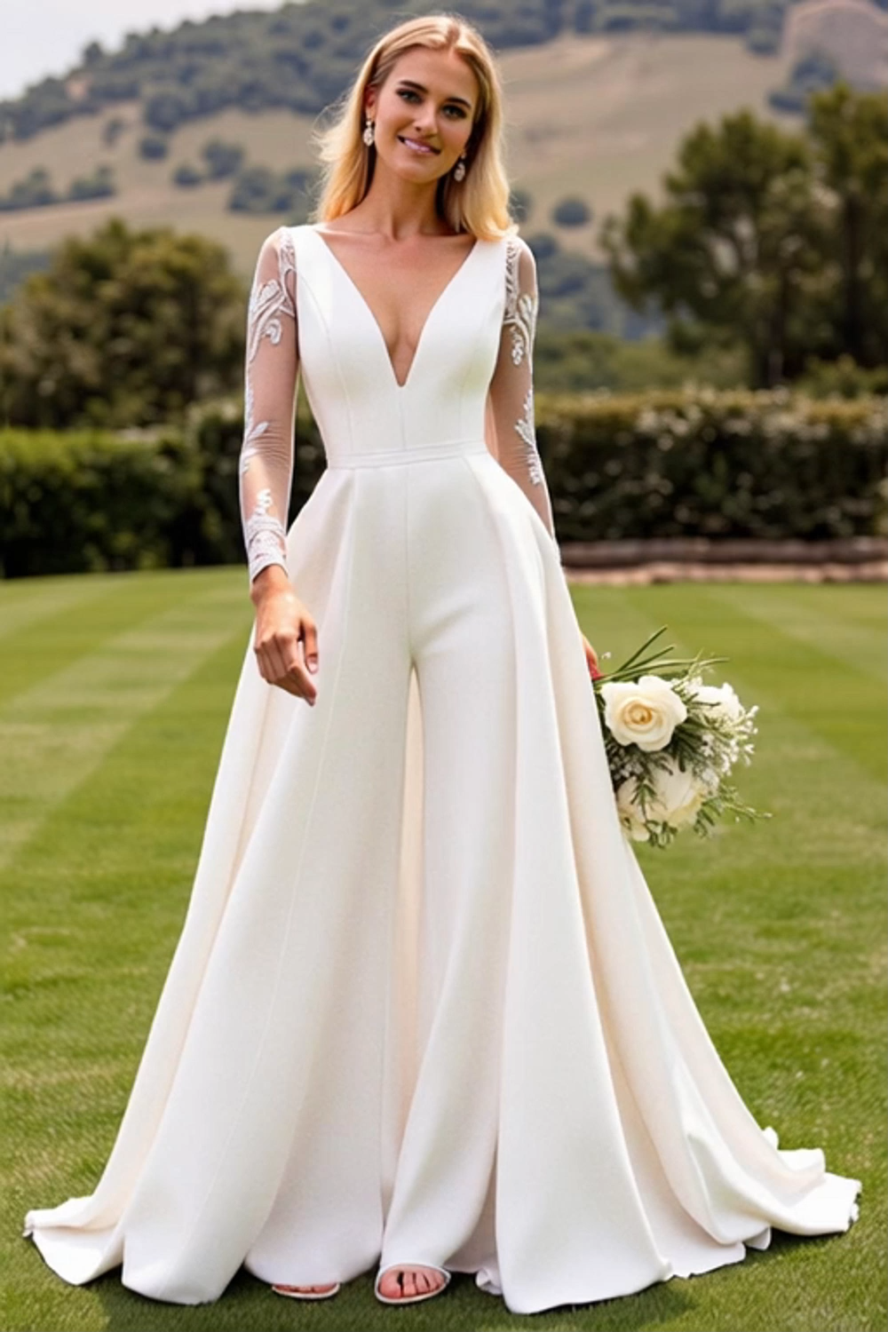 Ivory Satin Sweep Train V Neck Embroidered Wedding Jumpsuit with Cape