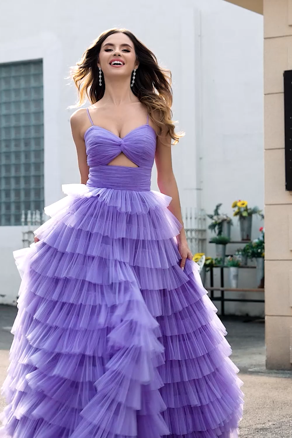 Purple Tulle A-Line Tiered Long Prom Dress with Slit