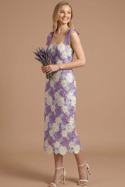 Green Floral Appliqued Thick Straps Bowed Midi Wedding Guest Dress