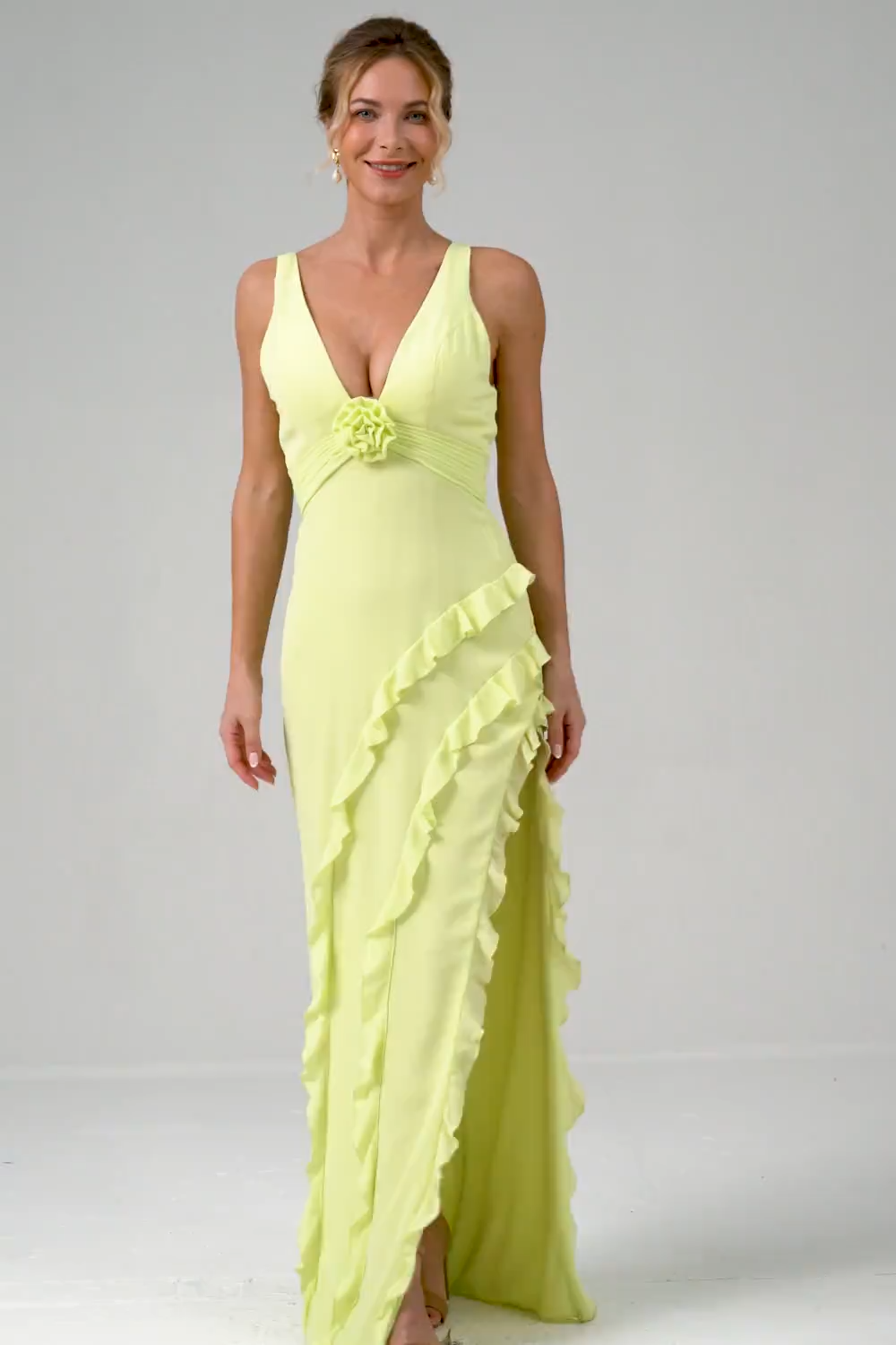 Lime V Neck Ruffled Sheath Bridesmaid Dress with Slit