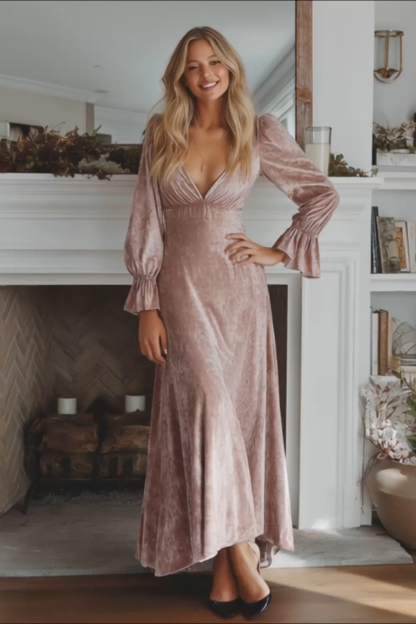 Vintage Rose Velvet V-Neck Maxi Holiday Party Dress with Sleeves