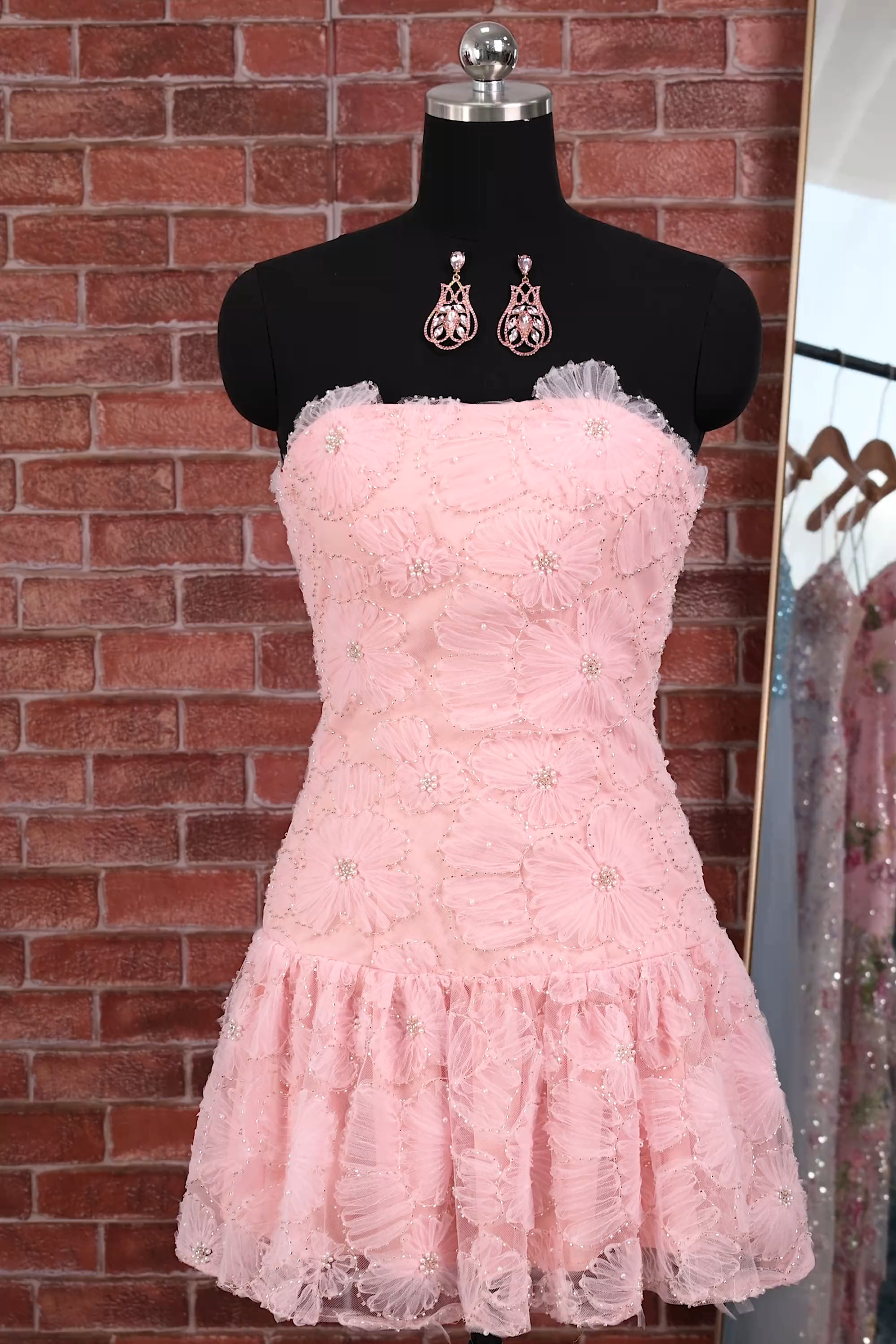 Pink Floral Sparkly Beaded Strapless Short Homecoming Dress