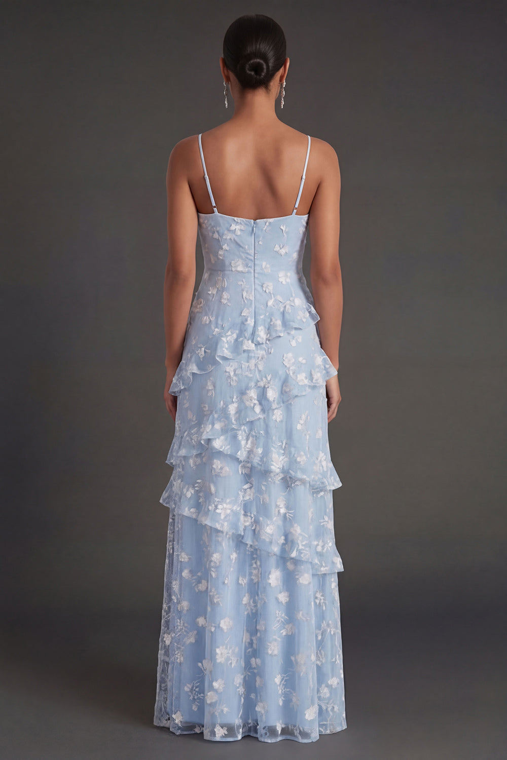 Floral White A Line Spaghetti Straps Ruffled Long Engagement Dress with Slit