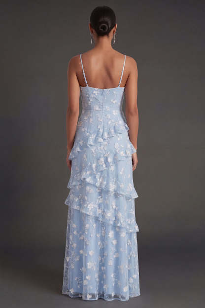 Floral White A Line Spaghetti Straps Ruffled Long Engagement Dress with Slit