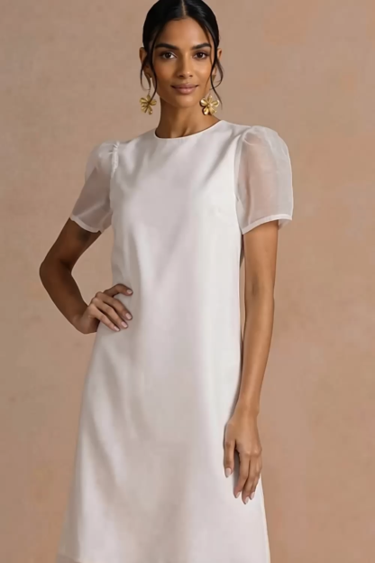 Emerald Green Round Neck A Line Midi Wedding Guest Dress with Short Sleeves