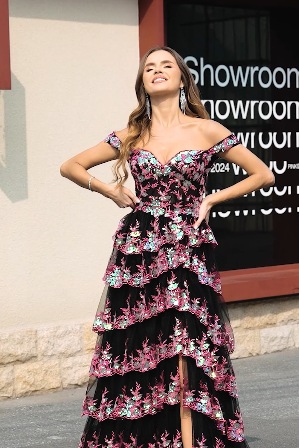 Black Pink A Line Off the Shoulder Long Tiered Prom Dress