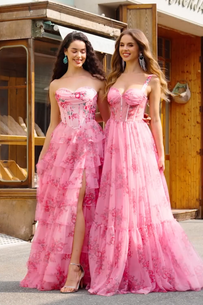 Blush Strapless Sweetheart Floral A-Line Tiered Prom Dress with Slit