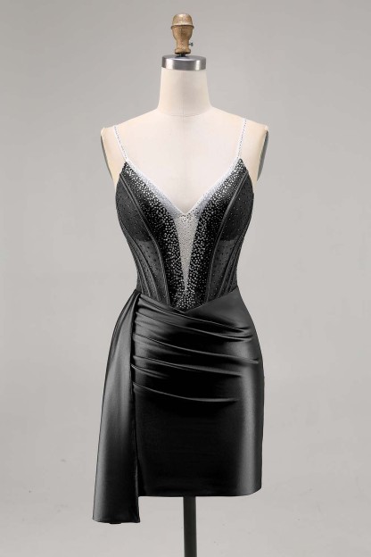 Sparkly Navy Corset Satin Short Beaded Homecoming Dress with Drape