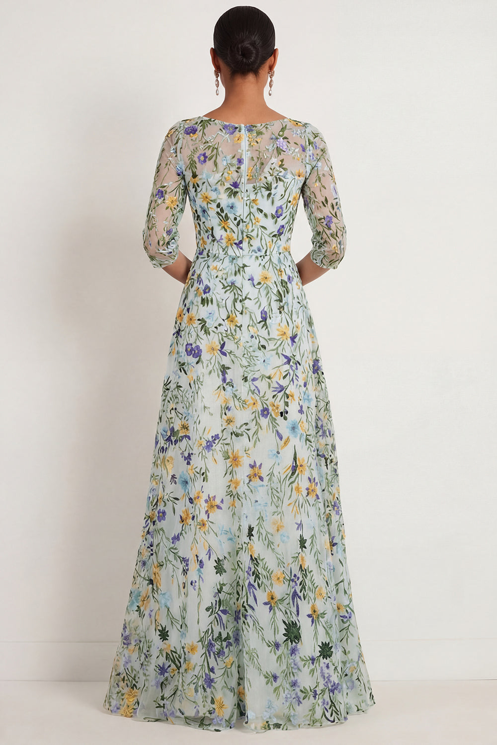 Floral A Line Illusion Neck Green Embroidered Long Wedding Guest Dress
