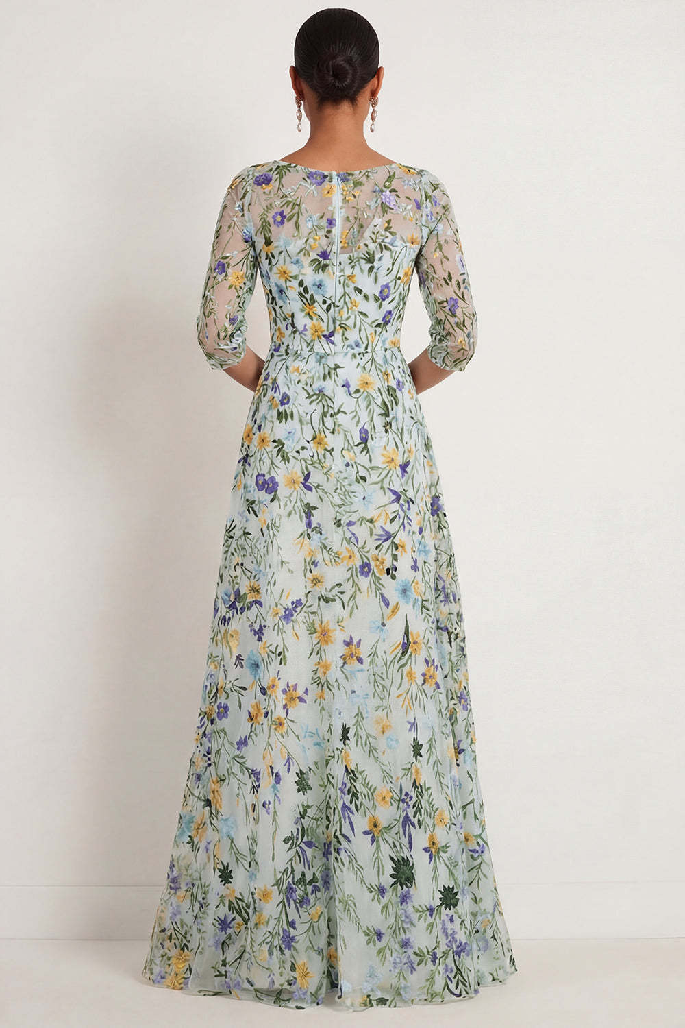 Floral A Line Illusion Neck Green Embroidered Long Wedding Guest Dress