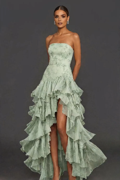 Green Tiered Ruffled Floral Strapless Wedding Guest Dress