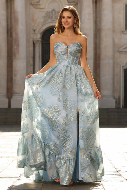 Floral Light Blue Sweetheart Princess Maxi Corset Prom Dress with Slit