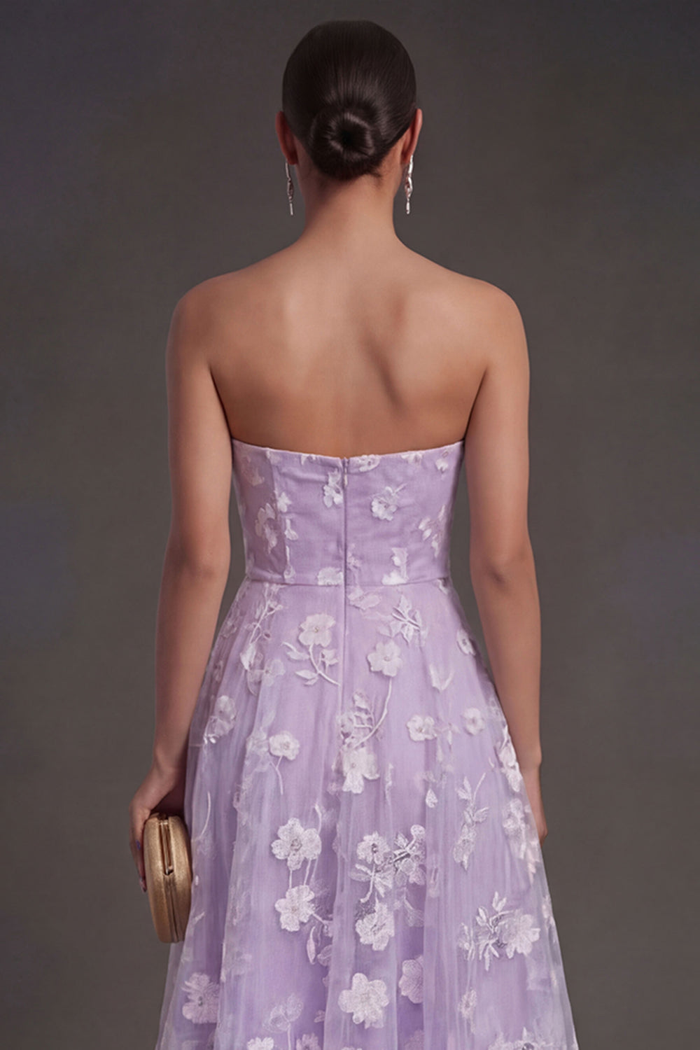 White Floral Appliqued Strapless Midi Beach Engagement Dress