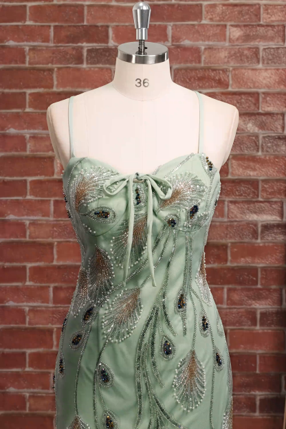 Sparkly Beaded Sage Green Floral Bodycon Spaghetti Straps Short Homecoming Dress