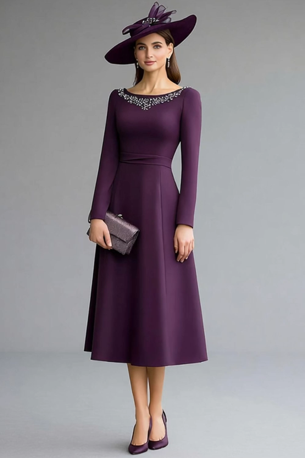 Midi Dark Purple Boat Neck Mother of the Bride Dress with Beading