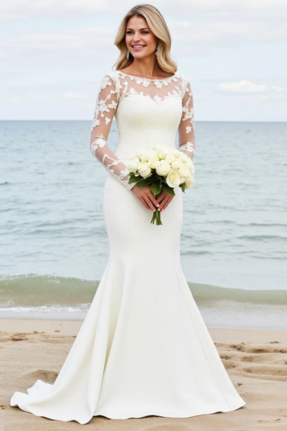 Ivory Satin Illusion Neck Mermaid Sweep Train Wedding Dress with Applique