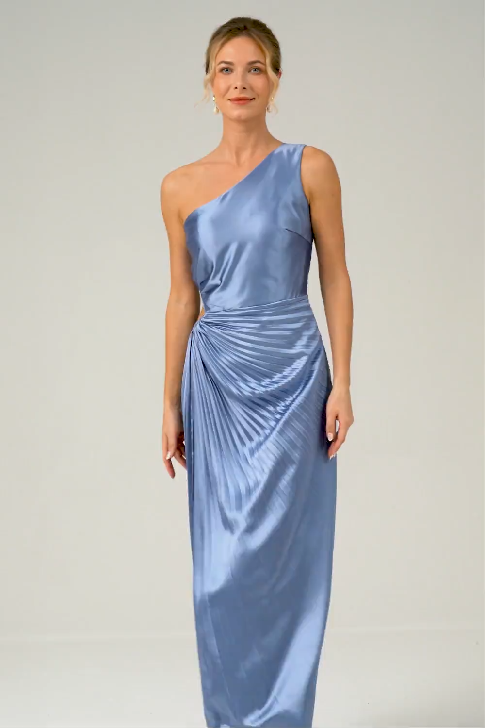Blue One Shoulder Satin Keyhole Pleated A-Line Bridsmaid Dress