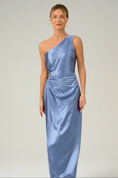 Blue One Shoulder Satin Keyhole Pleated A-Line Bridsmaid Dress