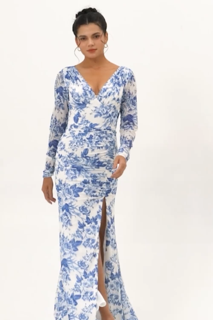 Blue Floral Mermaid V-Neck Long Wedding Guest Dress with Sleeves