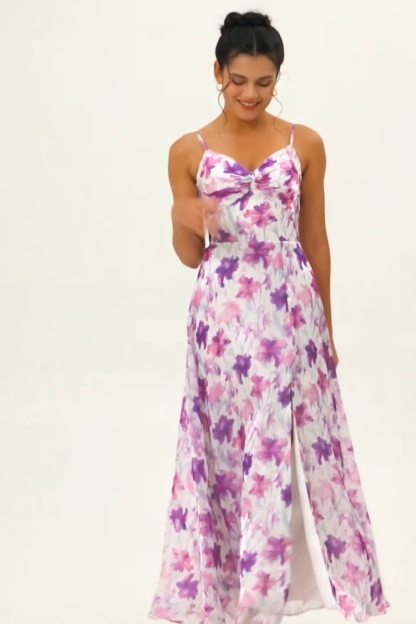 Purple Chiffon Long Floral Ruched Wedding Guest Dress with Slit