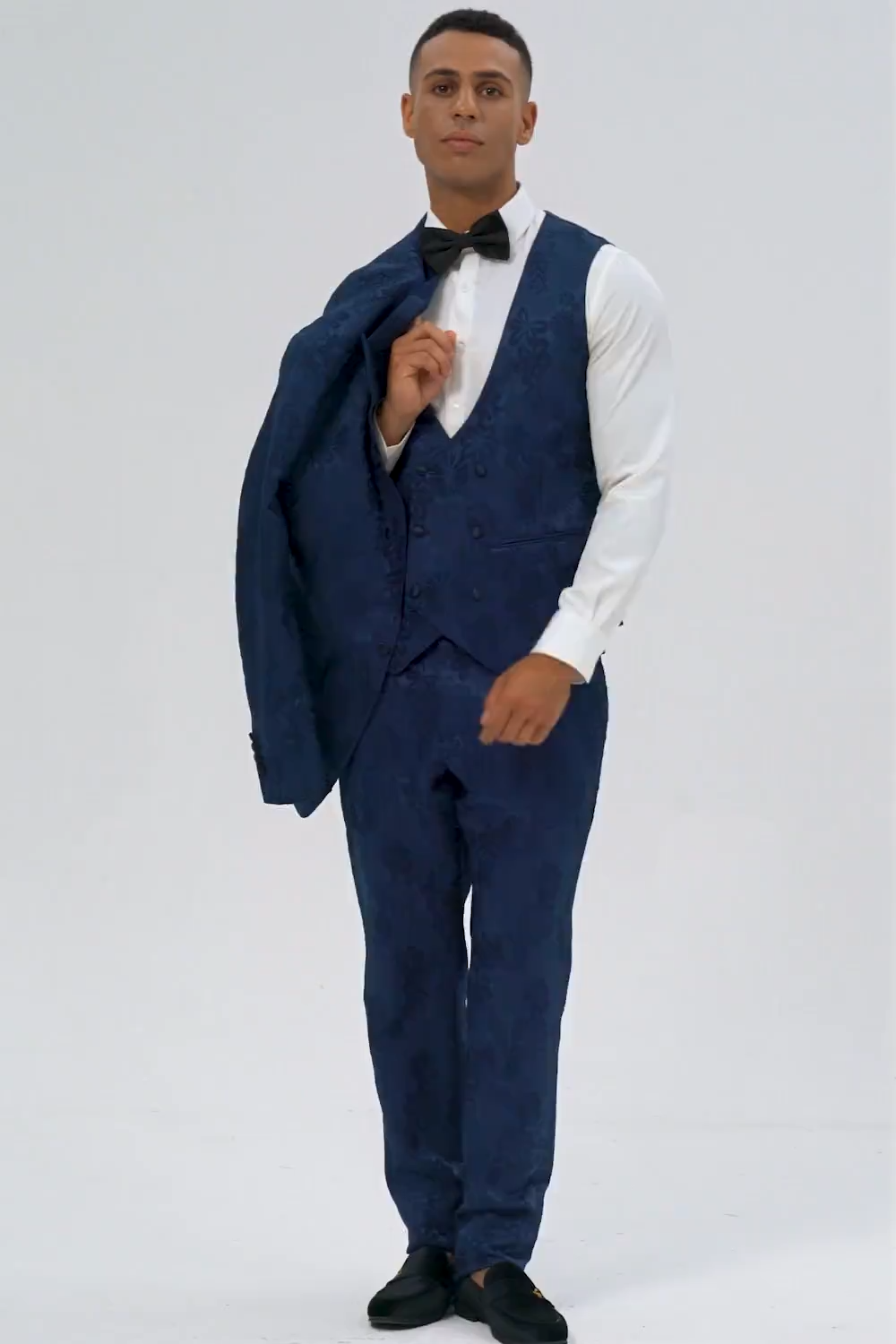 Peak Lapel Dark Blue Jacquard Men's Prom Wedding Party Suits