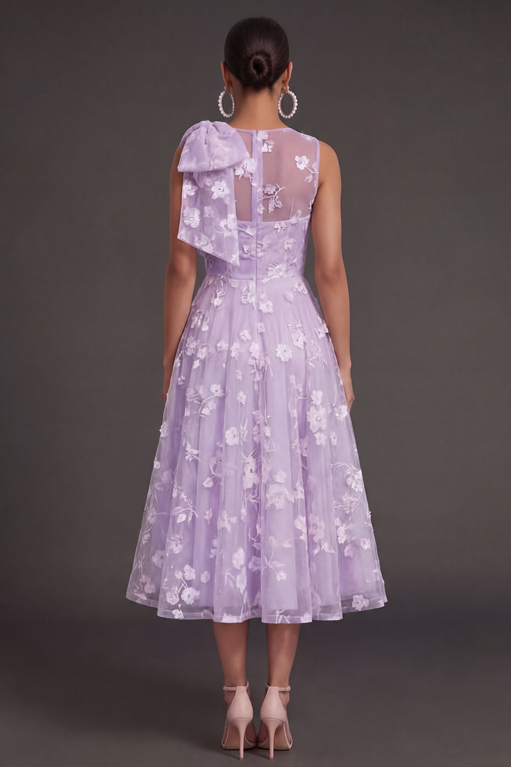 Blue Floral A Line Appliqued Midi Beach Wedding Guest Dress with Bow