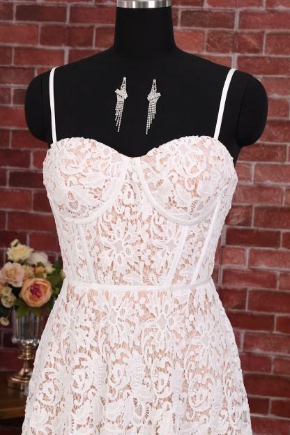 White Lace Corset A Line Midi Engagement Dress