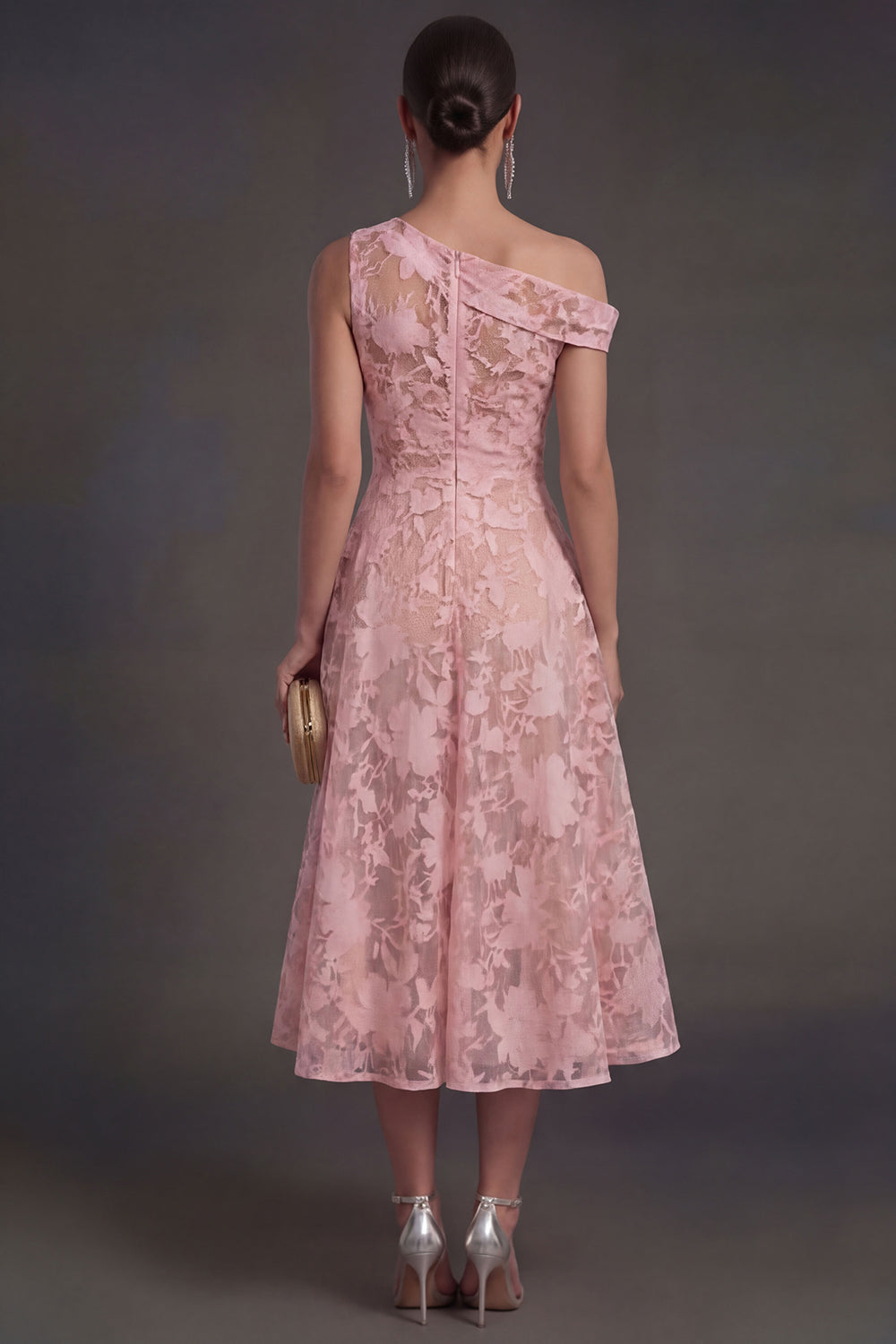 Blue Floral Lace One Shoulder A Line Midi Beach Wedding Guest Dress